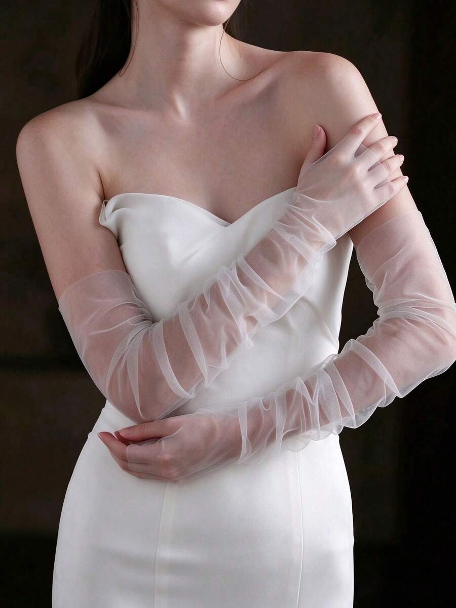 1 Pair Minimalist White Long Arm Cover Bridal Gloves Wedding Evening Dress Accessories - White - View 1