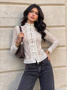 Da Jade Autumn Fashion New Chinese Style Stand Collar Frog Button Lace Long Sleeve Blouse, Ruffled Waist Slim Fit Elegant Shirt, Suitable For Dating, Outing, Gathering, Vacation - White - View 6