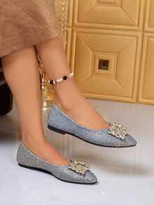 Women's Pointed Toe Rhinestone Square Buckle Flat Shoes, Slip On Casual Dress Shoes - Grey - View 5