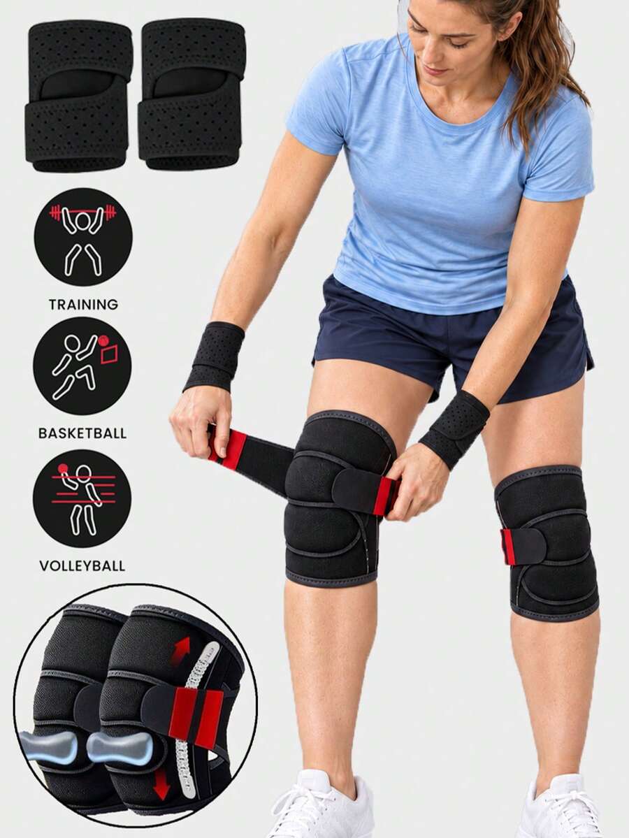 1set,Adjustable Sports Knee Sleeves With Side Stabilizers And Wrist Wraps Set, Breathable Neoprene Knee & Wrist Guards For Weightlifting Basketball Volleyball Workout Training For Men Women - Multicolor - View 1