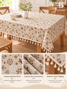 Bubaba Beige Vintage Floral Pattern Rectangular Tablecloth With Ivory White Tassel Trim; Made Of Polyester And Cotton Blend Material With Linen-Like Texture; Printed With Coffee Brown Botanical Wildflower Pattern. This Tablecloth Style Is Rustic And Exudes A Country Farmhouse Vibe, Suitable For Kitchen, Dining Room, Gatherings And Daily Home Decor. - Multicolor - View 6