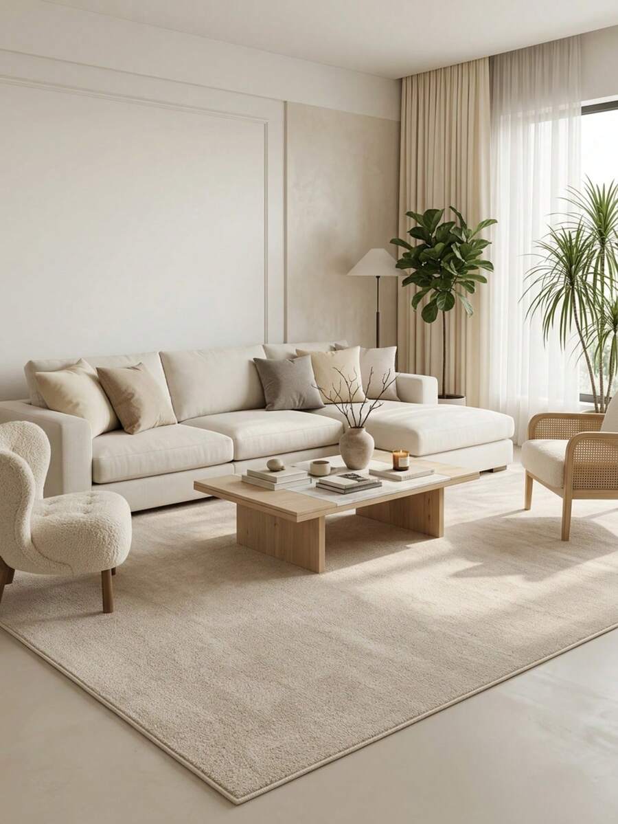 1PC Beige Solid Textured Living Room Rug, Modern Minimalist Cream Style Elegant Versatile Faux Cashmere Rectangular Machine Washable Area Rug, Suitable For Daily Home/Holiday Party/All Seasons Large Size Floor Mat, Aesthetic Home Decor - Multicolor - View 1