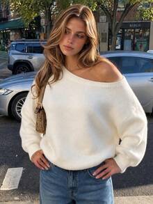 Women's Fuzzy Cold Shoulder Loose Drop Shoulder Long Sleeve Lazy Knit Pullover, Autumn Style - Beige - View 1