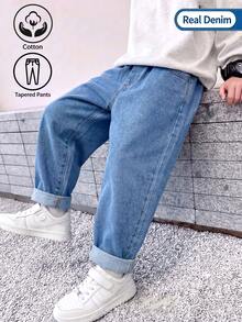 1pc Boys Casual Minimalist Streetwear Versatile Handsome Hot-Selling Blue Denim Jeans - Medium Wash - View 1