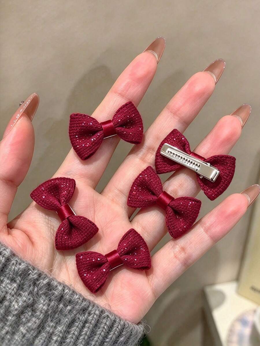 5pcs Red Mini Bow Hair Clips, Cute Princess Style Side Hair Accessories, Suitable For Daily, Beach, Party, Vacation, Autumn, Gift - Multicolor - View 1