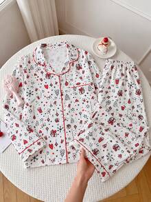 Christmas Print Women's Long Sleeve Long Pants Bubble Crinkle Pajama Set - White - View 1