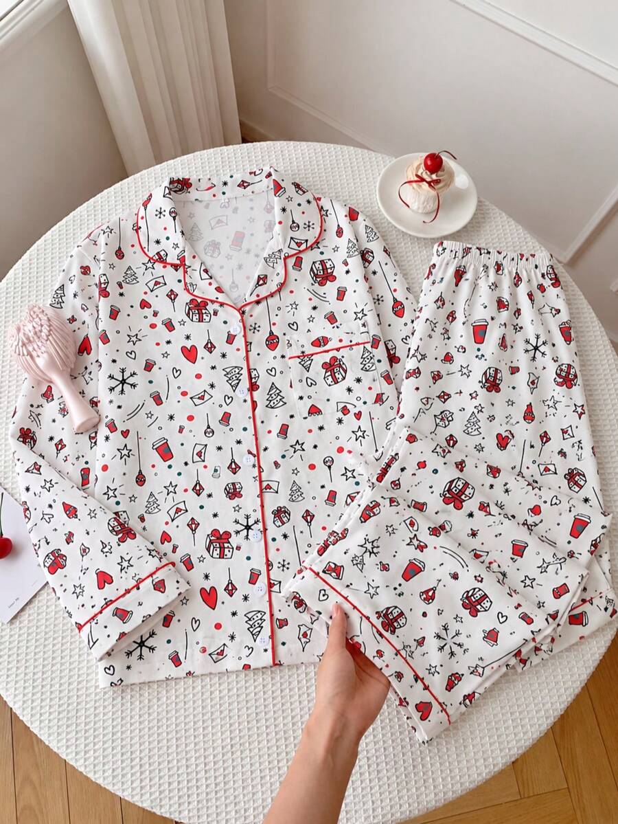 Christmas Print Women's Long Sleeve Long Pants Bubble Crinkle Pajama Set - White - View 1