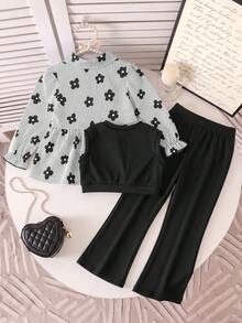 Galaxy Graffiti 4-7 Years Old Girls 3 Pieces Set, Floral Striped Print Cardigan + Cropped Tank Top + Flared Pants, Korean Sweet & Cool Style, Autumn Daily & Outing Outfit - Black - View 3