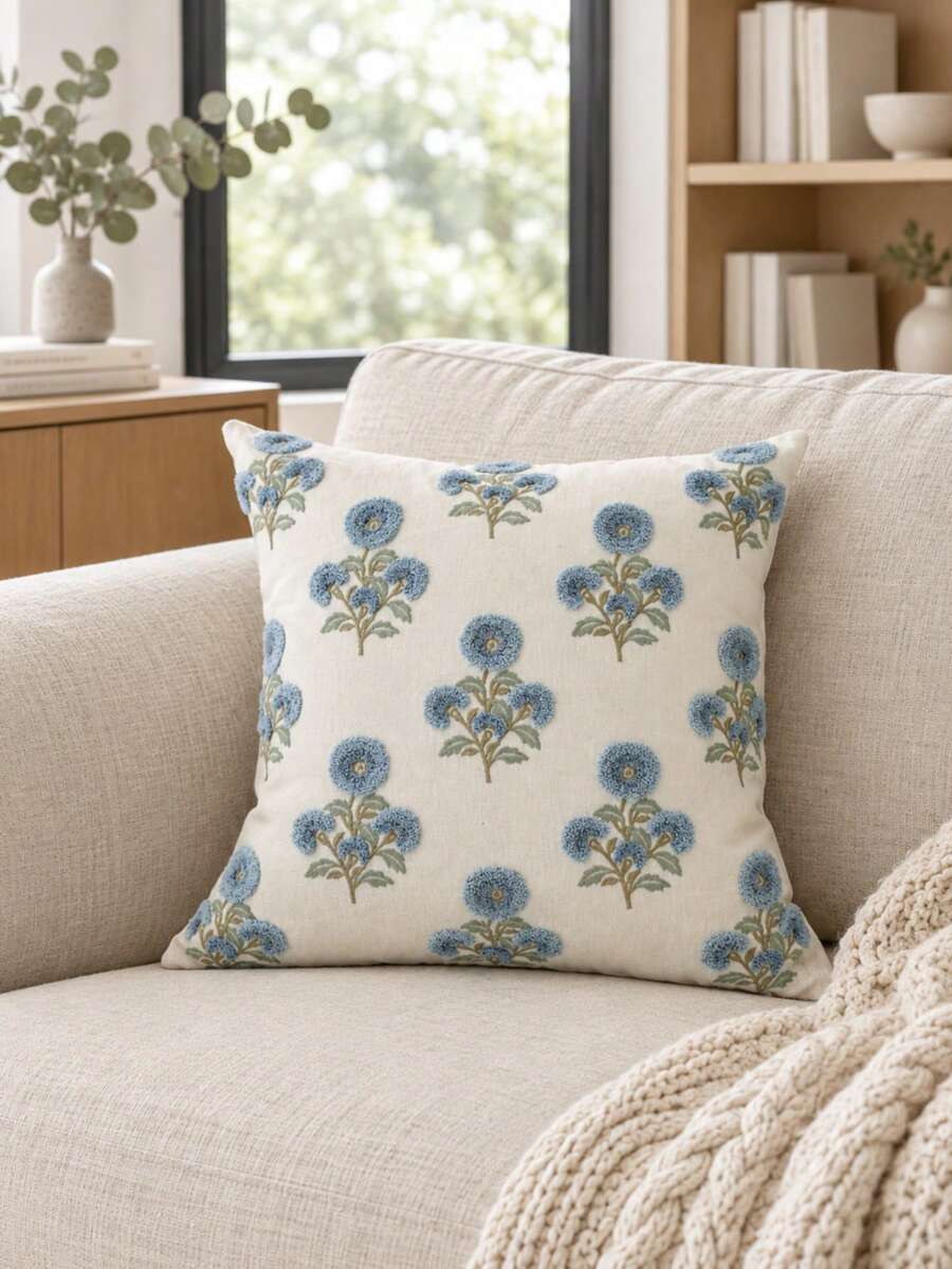 花卉裝飾抱枕套,3D刺繡植物與花卉圖案靠墊套,適用於沙發、臥室與客廳裝飾,米色 - 藍色 - 查看 1