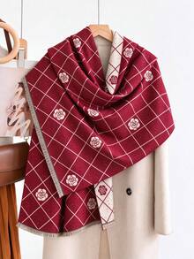 FADZOYLE 1pc Women Retro Camellia Grid Pattern Scarf, Two-Tone Large Shawl, Fringe Decor Warm Wrap Scarf For Winter Daily Outfit - Multicolor - View 10