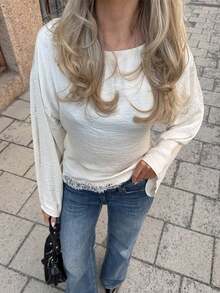 Unadoll Women Fall Winter Off‑White Long Sleeve Blouse, Elegant Basic Boat Neck Top With Lace Hem For Back To School, Daily Going Out - Apricot - View 6
