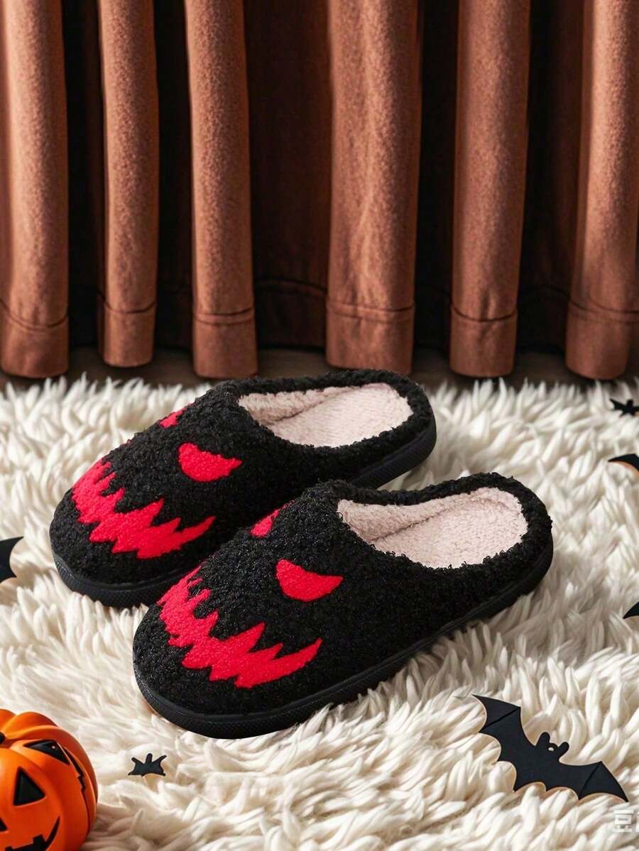 秋冬保暖室內居家包頭拖鞋,萬聖節惡魔刺繡印花款 - 黑色 - 查看 1