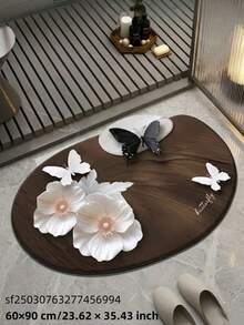 1pc Butterfly Flower Bathroom Mat, Bathroom Decor Mat! Vintage Floral Butterfly Diatomaceous Earth, High-End Decorative Rug, Cool Tone Decor, Suitable For Living Room, Bedroom, Diatomaceous Earth, Bathroom Mat, Bathroom Rug, Door Mat, Small Rug, Rug, Mat, Home Decor, Area Rug - Multicolor - View 5