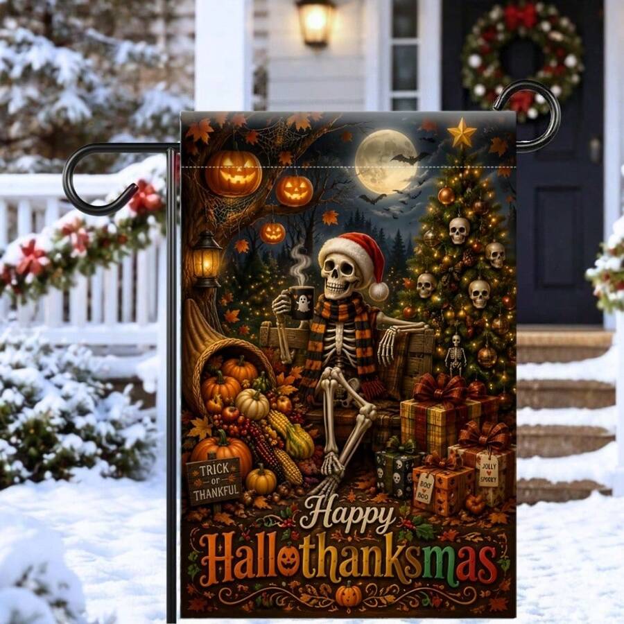11.8 X 17.7 英吋 2D 平面聚酯纖維花園旗，單面印刷裝飾旗，Happy Hallothanksmas 聖誕帽骷髏南瓜聖誕樹 3 合 1 節日主題，適用於花園門廊陽台庭院，萬聖節感恩節聖誕節戶外裝飾，歡迎懸掛旗，不含旗桿