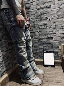Embroidered Denim Jeans, Flared Jeans, Embroidered Letter Text Men's Jeans, Flared Pants, Bell Bottoms, Men's Skinny Pants, Men's Slim Fit Pants, Distressed Bell Bottoms, Patchwork Flared Pants, Washed Denim Jeans, Y2K Stacked Pants, Differential Wash Patchwork Embroidery, Suitable For All Seasons - Blue - View 3
