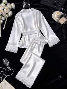 Women White Satin Lace Pajama 2cs Set Long Sleeve Wrap Front Blouse & Wide Leg Pants Ruffled Edge Design & Elegant Romance Bridal Nightwear Set - White - View 3
