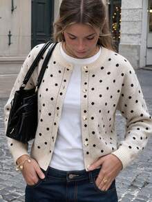 Women's Casual Minimalist Polka Dot Single-Breasted Cropped Cardigan - Light Grey - View 1