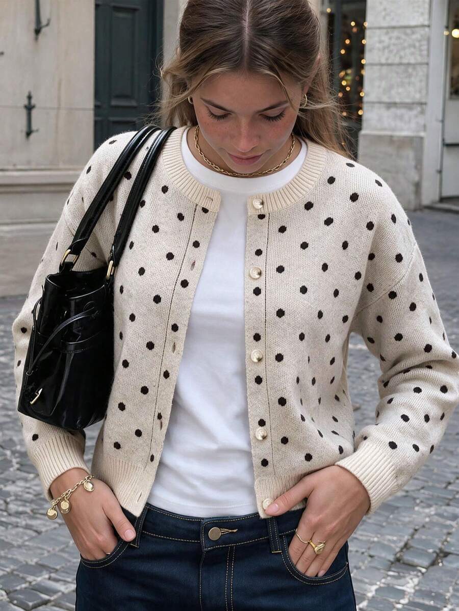 Women's Casual Minimalist Polka Dot Single-Breasted Cropped Cardigan - Light Grey - View 1
