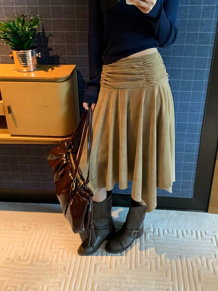Autumn/Winter New Suede-Texture Asymmetrical Pleated High-Waist Skirt For Women - Khaki - View 1