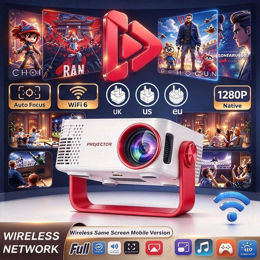 MOMAN Ultra-Lightweight Pocket Portable HD Projector, Native 1280*720P Resolution, Supports 4K Video Decoding, Dual-Band WiFi And Wireless Screen Mirroring, Equipped With UK/EU/US Multi-Country Plug Adapter