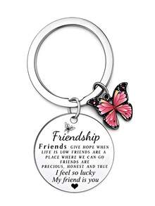 1pc Friendship Keychain, Engraved Round Pendant Key Ring With Multiple Charms, Best Friend Gift, Birthday Christmas Valentine's Day Bag Key Accessory - Silver - View 2