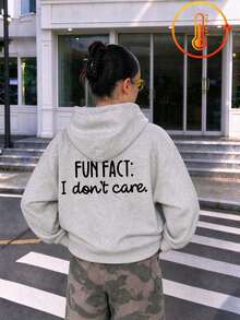 Tween Girl Fun Graphic Sweatshirt, "Interesting Fact, I Don't Care" Personalized Slogan Print Sweatshirt, Warm & Comfortable Fleece Lined Pullover Sweatshirt For Autumn/Winter. Suitable For Daily Wear, Street Style, Campus Wear - Grey - View 1