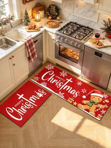 1/2pcs Christmas Kitchen Decor Rug, Christmas Gingerbread Man Pattern Design Winter Kitchen Rug And Mat, Non-Slip Washable Absorbent Kitchen Accessories Decor Mat, Christmas Holiday Gift! - Multicolor - View 2
