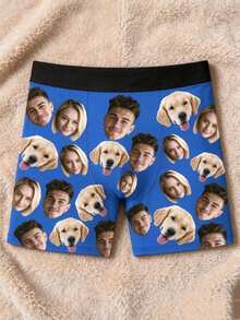 Custom Dog Face Photo Men's Boxer Briefs, Personalized Couple Pet Couples Underwear, Royal Blue, Fun Anniversary Gift - Blue - View 2