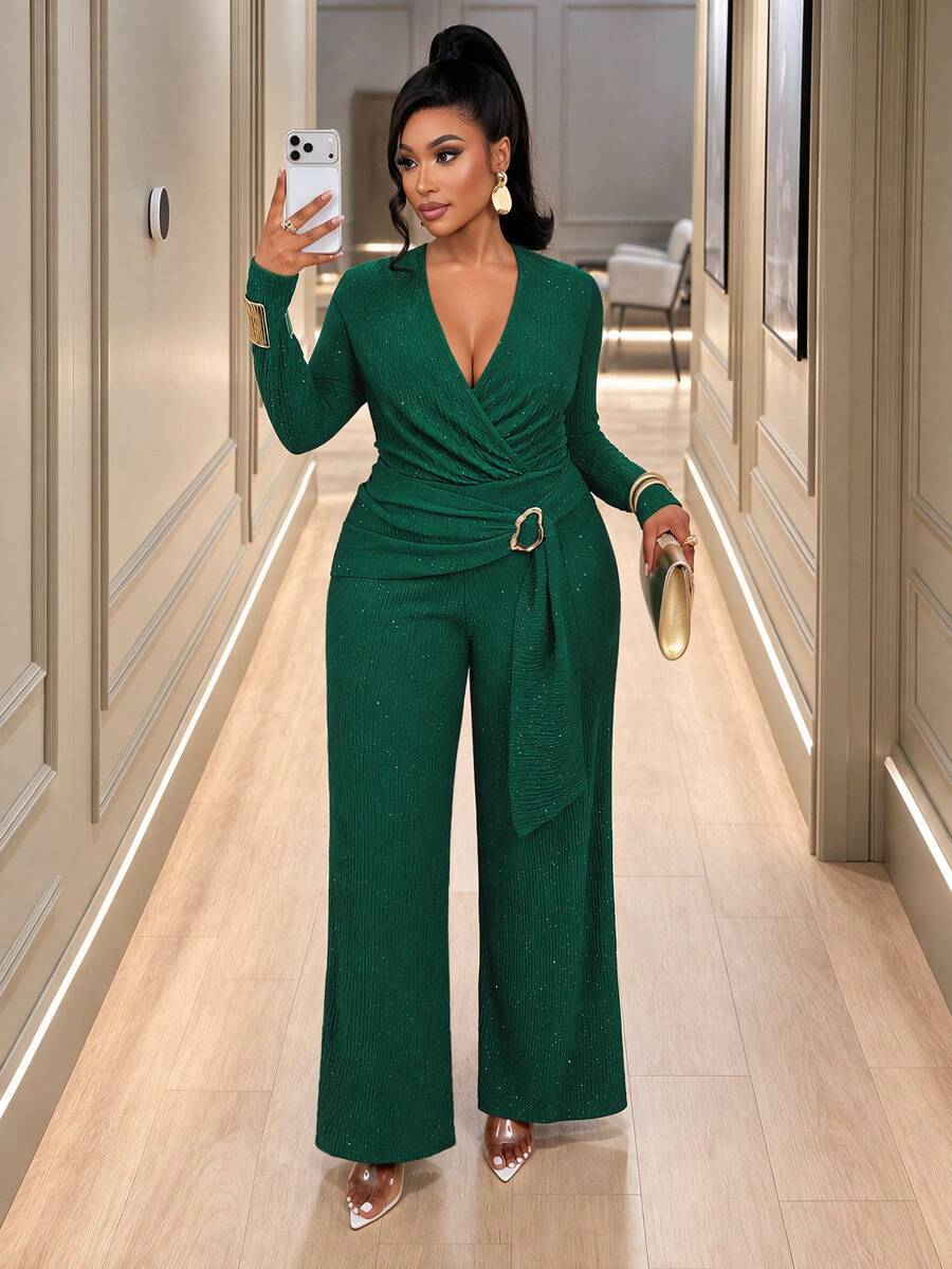 Elegant Emerald Green Plus Size Jumpsuit Featuring Long Sleeves An Overlap Collar And A Stylish Wrap Detail For Fall Celebrations And Evening Parties - Dark Green - View 1