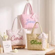 TONGFANTECH Personalized Quilted Plaid Tote Bag, Customized Name Embroidered Lace Bow Shoulder Bag, Bridesmaid Invitation Gift Bag, Reusable Large Capacity Shopping Handbag - Multicolor - View 9