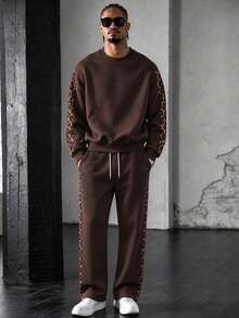 Men's Brown Leopard Print Side Stripe Crew Neck Sweatshirt & Casual Sports Long Pants Set - Multicolor - View 1