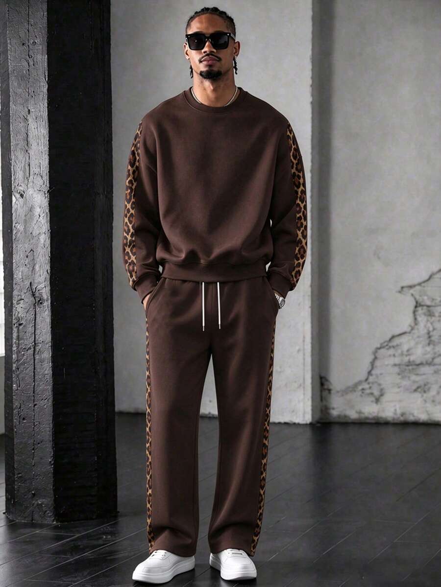 Men's Brown Leopard Print Side Stripe Crew Neck Sweatshirt & Casual Sports Long Pants Set - Multicolor - View 1