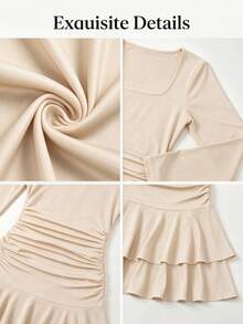AIJ Women's Apricot Square Neck Long Sleeve Ruched Fitted Double Layer Ruffle Hem Short Dress, Elegant & Fashionable, Suitable For Daily, Commute, Party, Night Out, Wedding Guest, Graduation, Autumn/Winter, Thanksgiving - Apricot - View 6