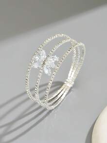1 pieza Brazalete abierto de mujer con flores de strass multicapa, diseño plateado brillante, adecuado para boda y fiesta - Plata B1047 - Ver 5