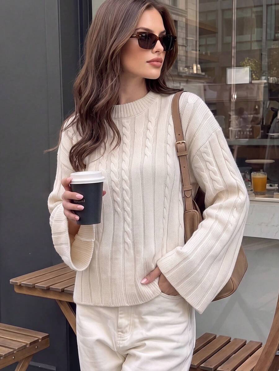 Just Masa 女款秋季服飾 粗繩編織喇叭袖套頭毛衣 寬鬆純色圓領羅紋針織上衣 適合日常穿著、外出與通勤 - 淺杏色 - 查看 1