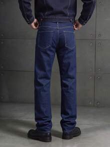 Men's Dark Wash Blue Stretch Denim Jeans, Business Casual Versatile Commute Slim Straight Leg Pants - Dark Wash - View 5
