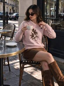 DONICY Fall Clothes For Women Asymmetric Collar Knit Sweater Floral Jacquard Long Sleeve Pullover - Pink - View 7