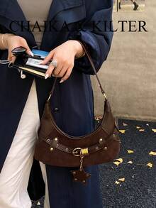 1pc Minimalist Fashion Buckle Design Suede Fabric Shoulder Bag, Suitable For Commuting, Shopping And More - Coffee - View 13