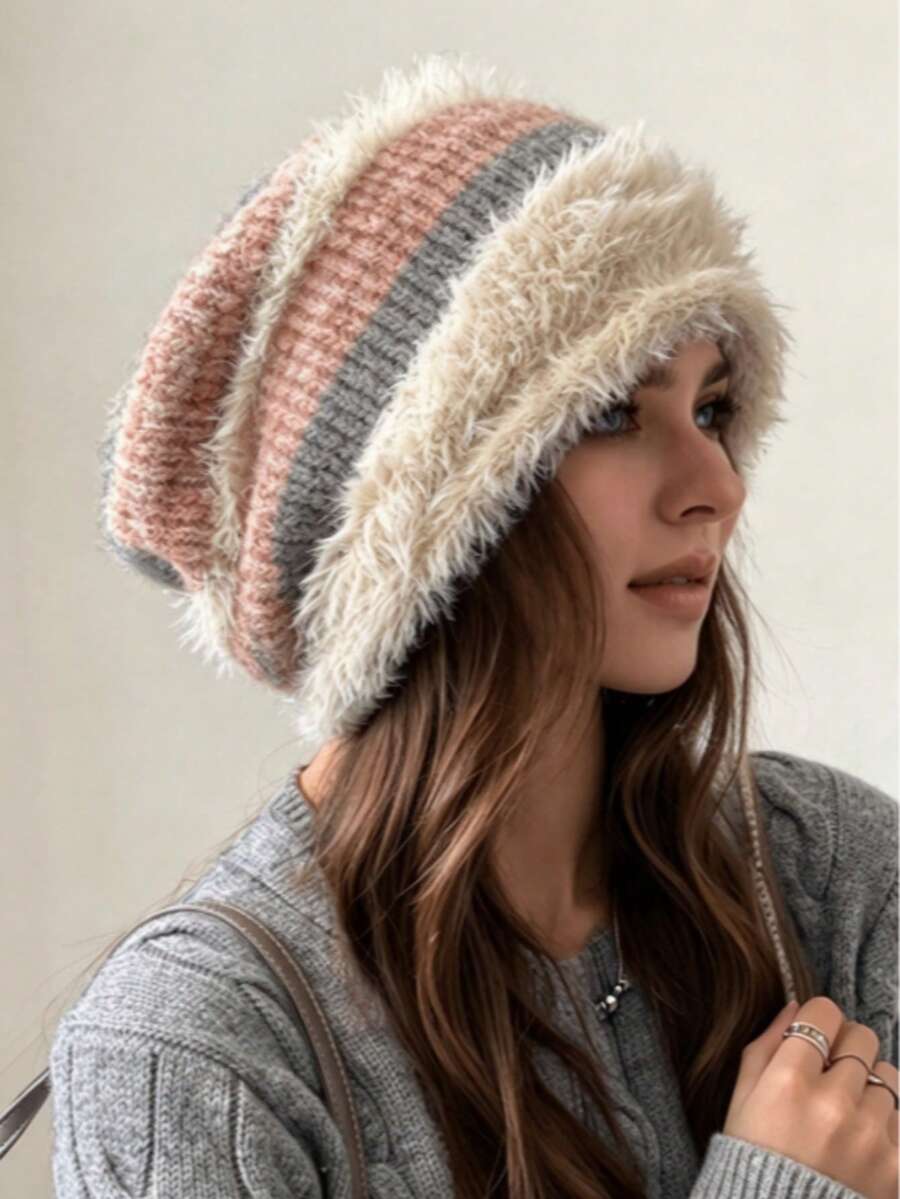 Women's Winter Chunky Knit Beanie With Fleece Lining, Elastic Fit, Lightweight And Warm, Hand Washable, Rimless, Suitable For Daily Wear - Multicolor - View 1