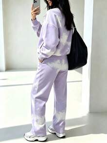 Spring Autumn Winter Fashion New Colorblock Minimalist Sweatshirt Jacket Top With Pockets Straight Leg Pants 2 Pieces Set, Slim Fit Flattering, Daily Commute, Autumn Fashion Outfit Inspiration, Suitable For Sports, Daily, Street, Airport, Travel, Vacation And More - Light Purple - View 7