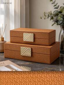 2pcs Cognac Brown Geometric Embossed PU Jewelry Box Set, Gold Wavy Zinc Alloy Metal Clasp, Velvet Lining, Luxury Storage Organizer Box For Bedroom Vanity, Home Decor Wedding Gift - Cognac Brown - View 3