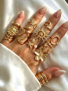 14pcs Minimalist Fashion Elegant Personalized Geometric Hollow Wide Band Ring Set For Women, Suitable For Vacation, Party, Date, Casual Daily Wear - Yellow Gold - View 7