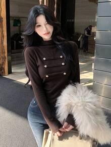 Vintage Hot Girl Style High Neck Long Sleeve T-Shirt, Slim Fit Flattering Top For Women, Autumn Versatile - Dark Brown - View 6