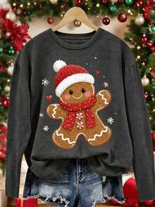 Camiseta mujer manga larga cuello redondo, estampado navideño sencillo moderno. Mezcla poliéster cómoda, ideal para diario y celebraciones navideñas. - Gris Oscuro - Ver 2