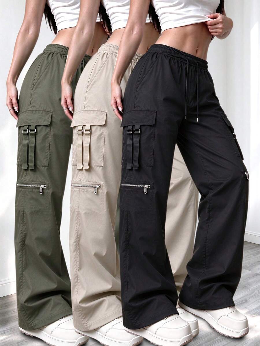 Celana Kargo Hitam Wanita dengan Banyak Saku, Celana Panjang Pinggang Tinggi dengan Tali Serut dan Kaki Lebar, Celana Panjang Kasual Jalanan Warna Polos - Hitam - View 1
