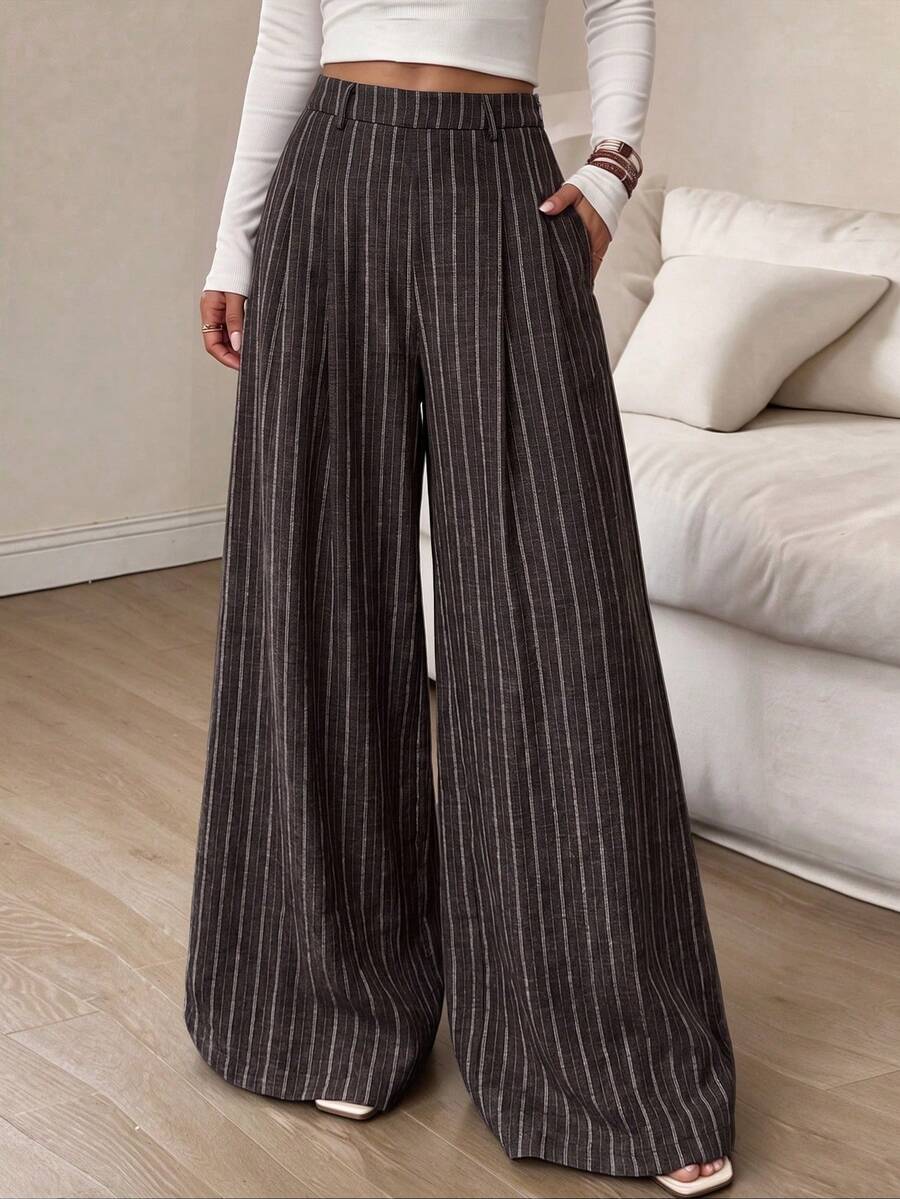 Women's Fashion Casual Autumn High Waist Striped Loose Straight Leg Pants, Versatile Outfit, Suitable For Party, Wedding, Christmas - Brown - View 1