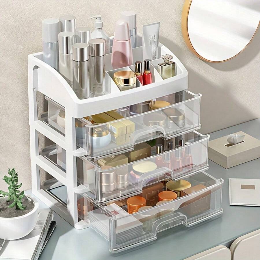 1pc Cosmetic Storage Box, Stationery Storage Box, Desktop Storage Box, Office Storage, Medicine Storage Cabinet, Multi-Layer Drawer Cosmetic Storage Box, Transparent Dust-Proof Vanity Skincare Product Organizer, Large Capacity Desktop Organizer - Multicolor - View 1