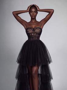 Elegant Strapless Fishbone Supported Mesh Fabric Ball Gown, With Zipper And Cup Details, Romantic Sleeveless Long Formal Dress - Black - View 3
