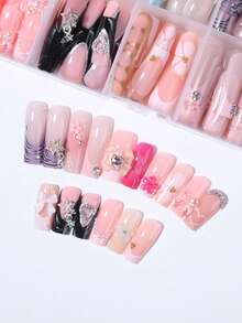 24pcs (1 Style) Long Square 3D Gel French Press-On Nails, Floral And ...