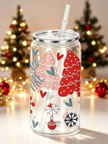 16oz Clear Cup With Christmas Theme Design, Featuring Snowflake, Gingerbread And Christmas Tree Patterns. Full Of Holiday Spirit, It Comes With Lid And Straw, Very Practical And Reusable, Perfect For Holiday Gatherings. - Multicolor - View 12